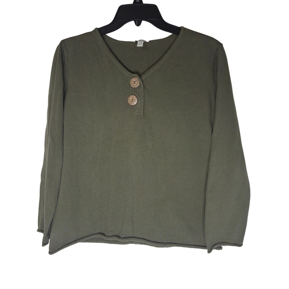 J. Jill Olive Green 100% Cotton V-Neck Button Accent Sweater Petite Small SP